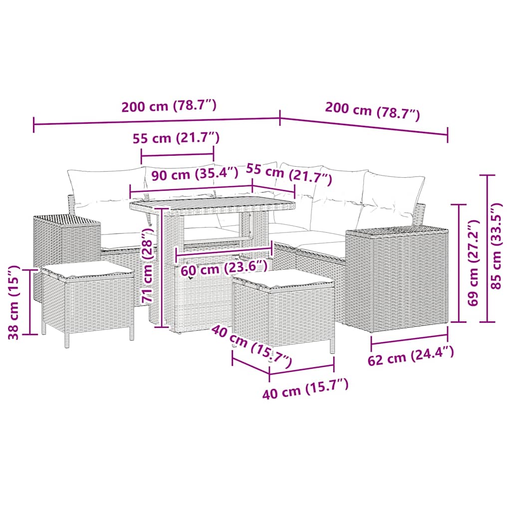Havesofa Sæt med pude 8 pcs Beige polyrattan