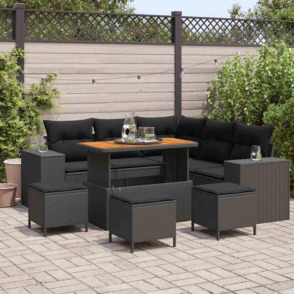 Havesofa Sæt med pude 9 pcs Sort polyrattan