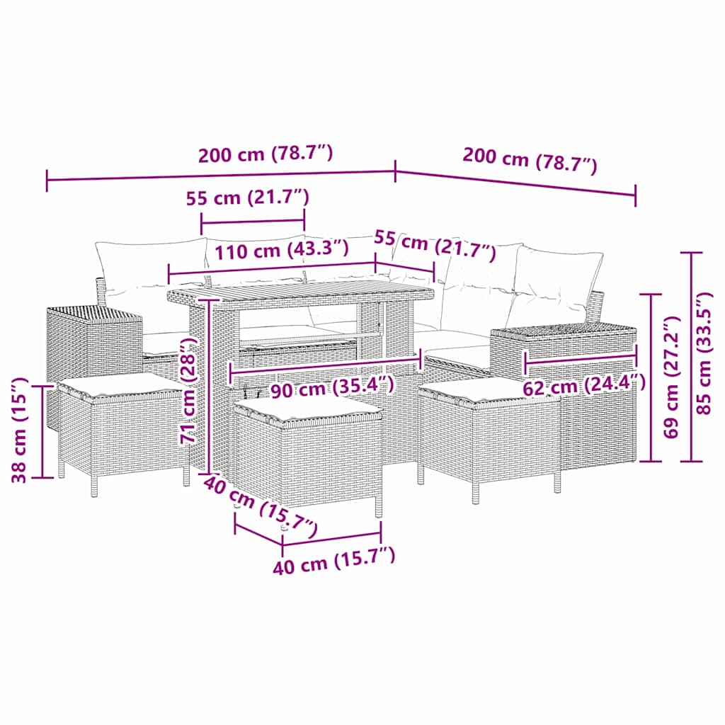 Havesofa Sæt 9 stk. Beige polyrattan