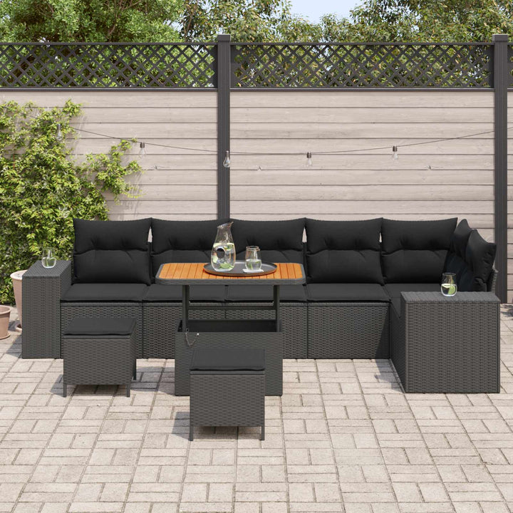 Havesofa Sæt med pude 9 pcs Sort polyrattan