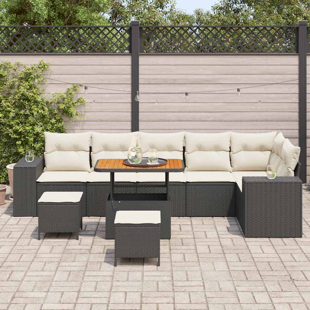 Havesofa Sæt med pude 9 pcs Sort polyrattan