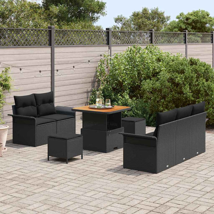 Havesofa Sæt med pude 8 pcs Sort polyrattan