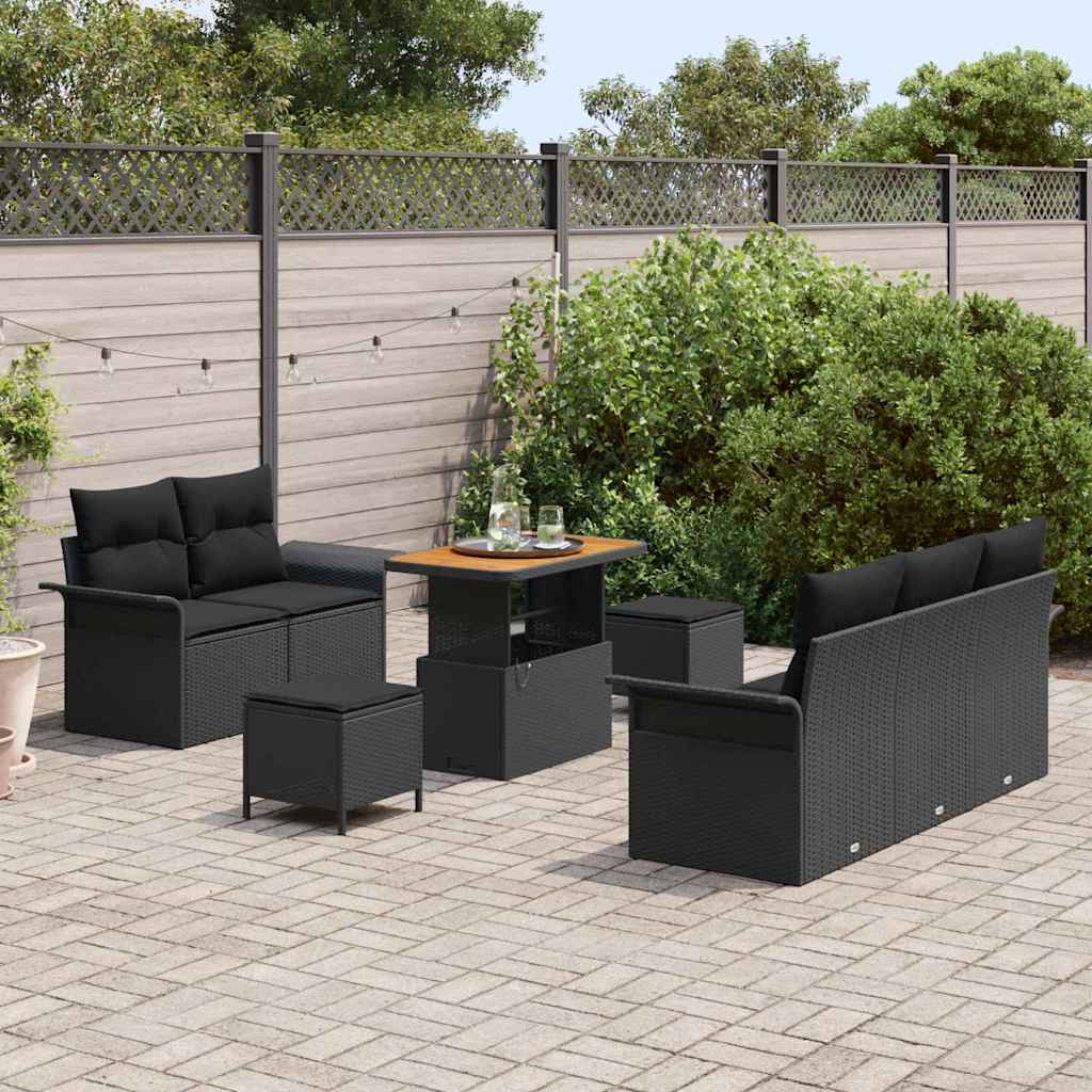 Havesofa Sæt med pude 8 pcs Sort polyrattan