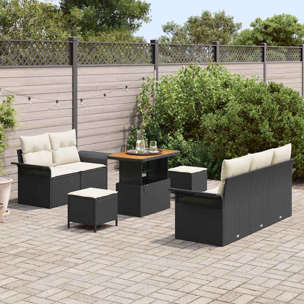 Havesofa Sæt med pude 8 pcs Sort polyrattan