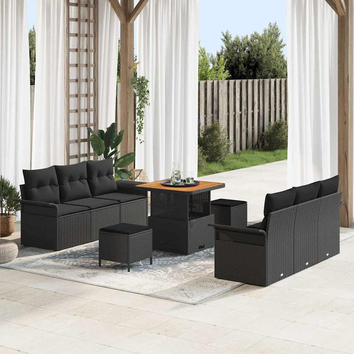 Havesofa Sæt med pude 9 pcs Sort polyrattan