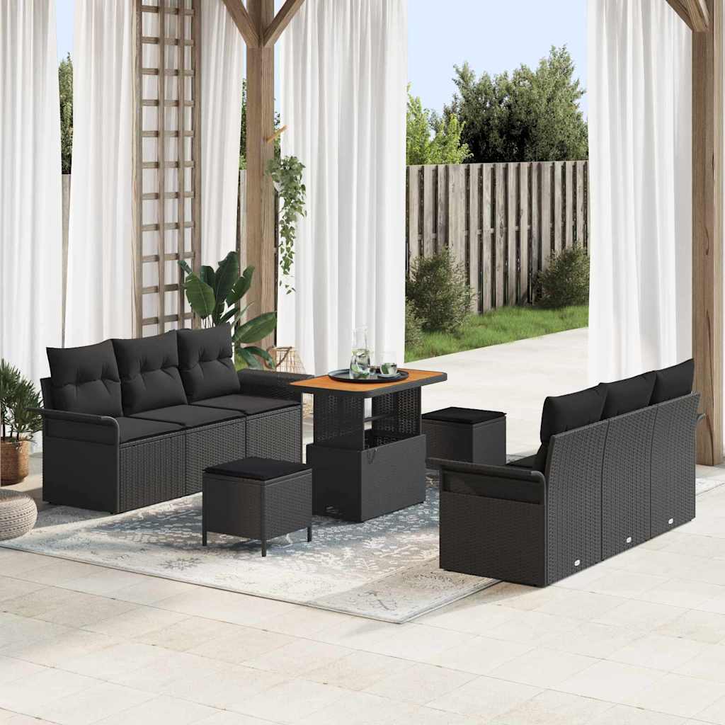 Havesofa Sæt med pude 9 pcs Sort polyrattan