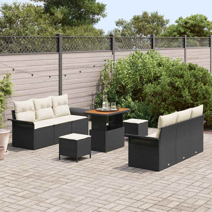 Havesofa Sæt med pude 9 pcs Sort polyrattan