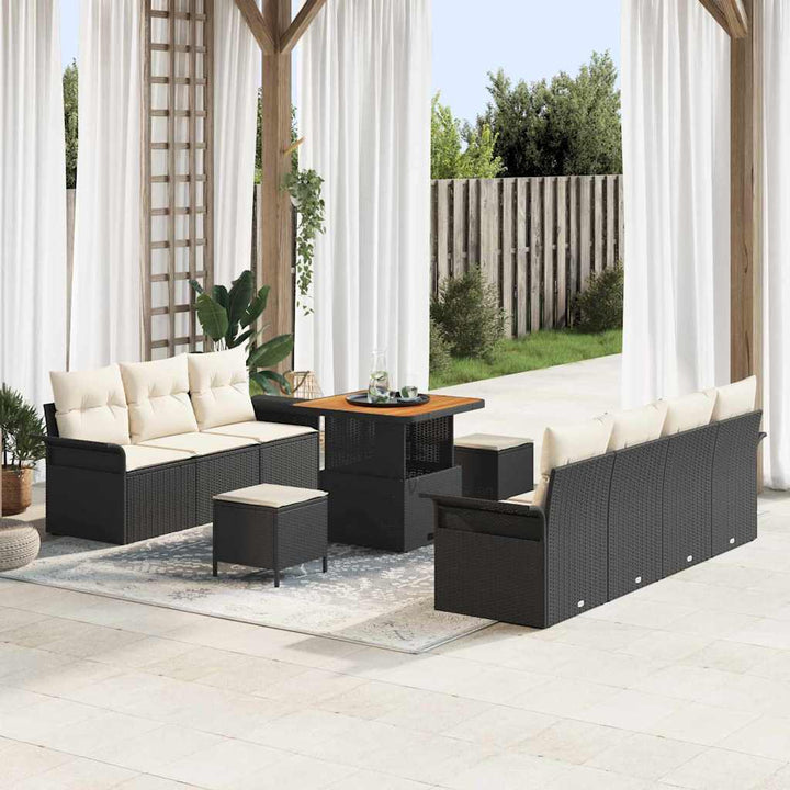 Havesofa Sæt med pude 10 pcs Sort polyrattan