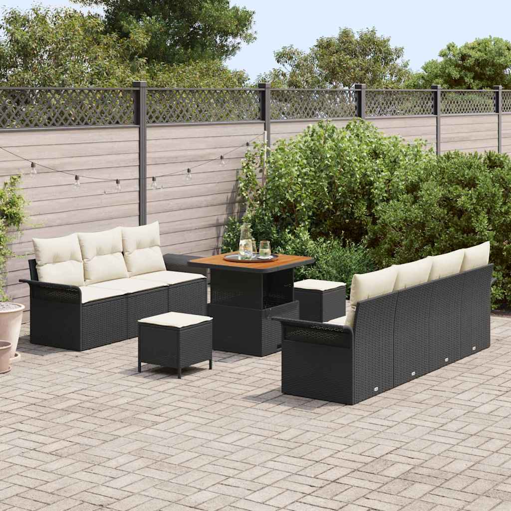 Havesofa Sæt med pude 10 pcs Sort polyrattan