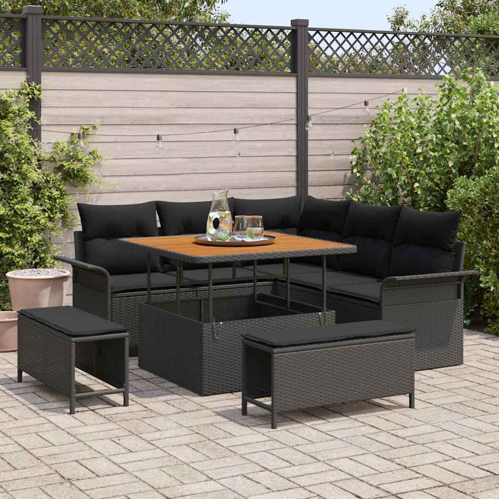 Havesofa Sæt med pude 8 pcs Sort polyrattan