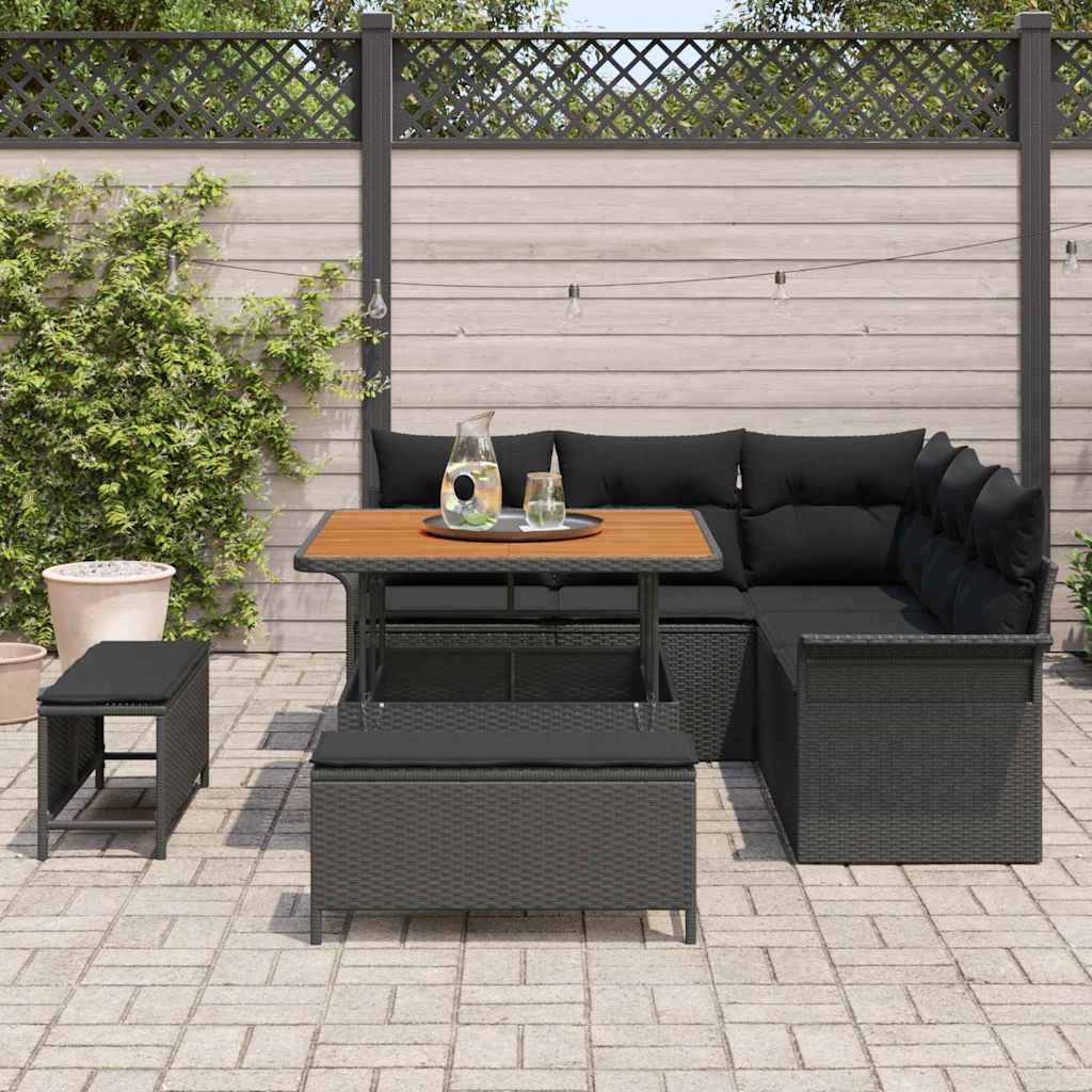 Havesofa Sæt med pude 8 pcs Sort polyrattan