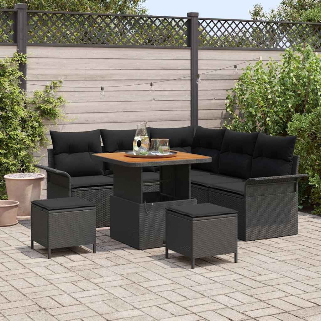 Havesofa Sæt med pude 8 pcs Sort polyrattan
