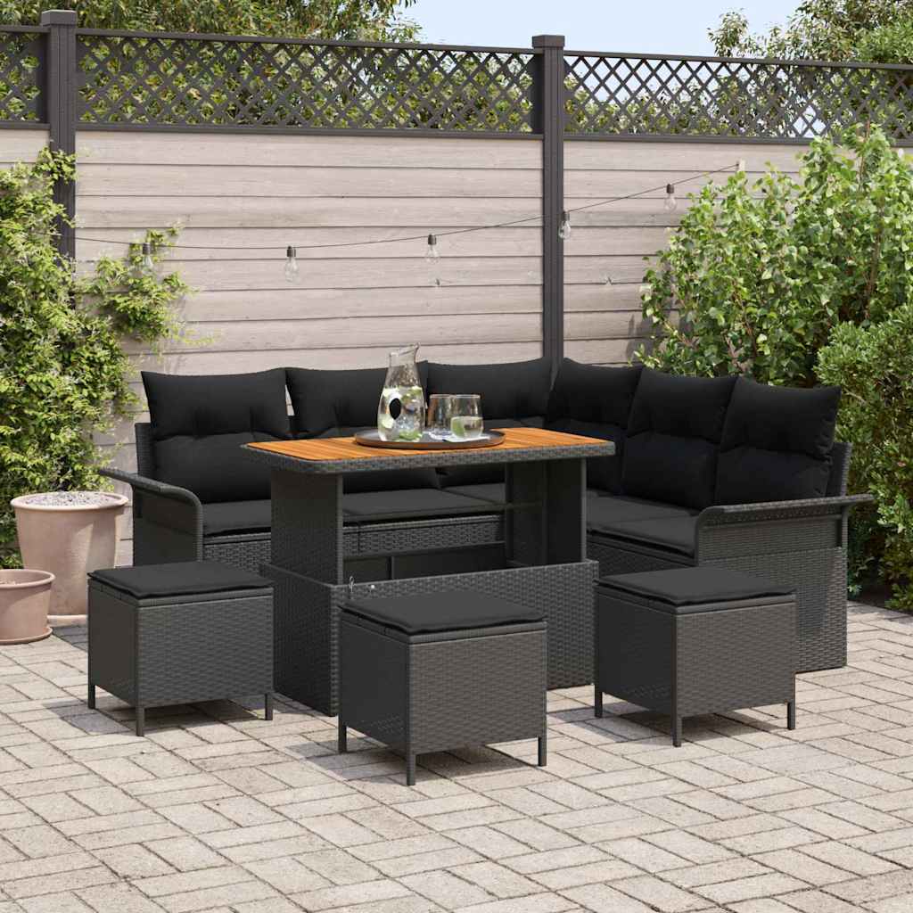 Havesofa Sæt med pude 9 pcs Sort polyrattan