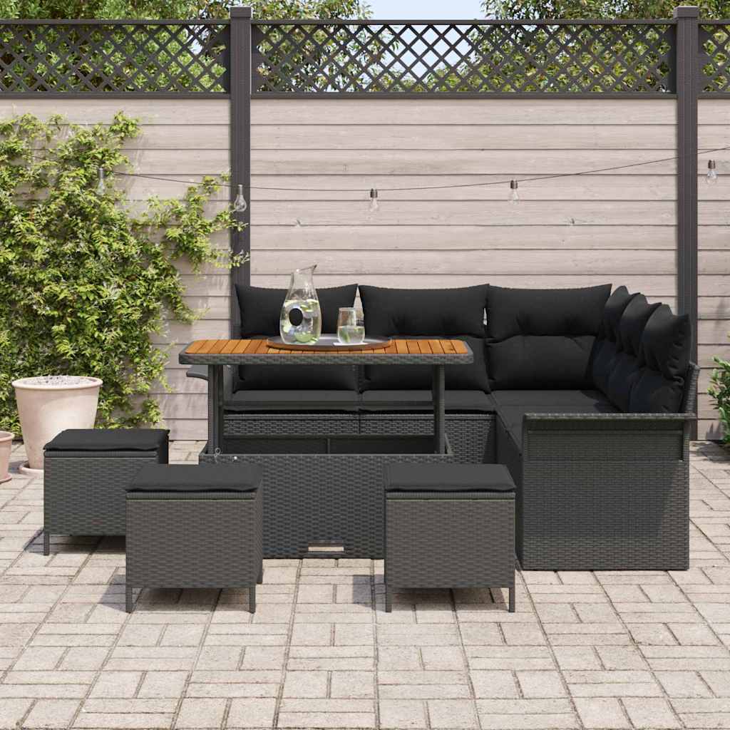Havesofa Sæt med pude 9 pcs Sort polyrattan