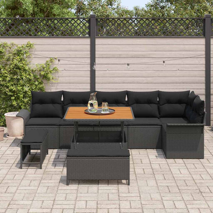 Havesofa Sæt med pude 9 pcs Sort polyrattan
