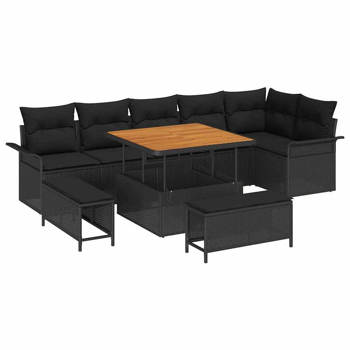 Havesofa Sæt med pude 9 pcs Sort polyrattan
