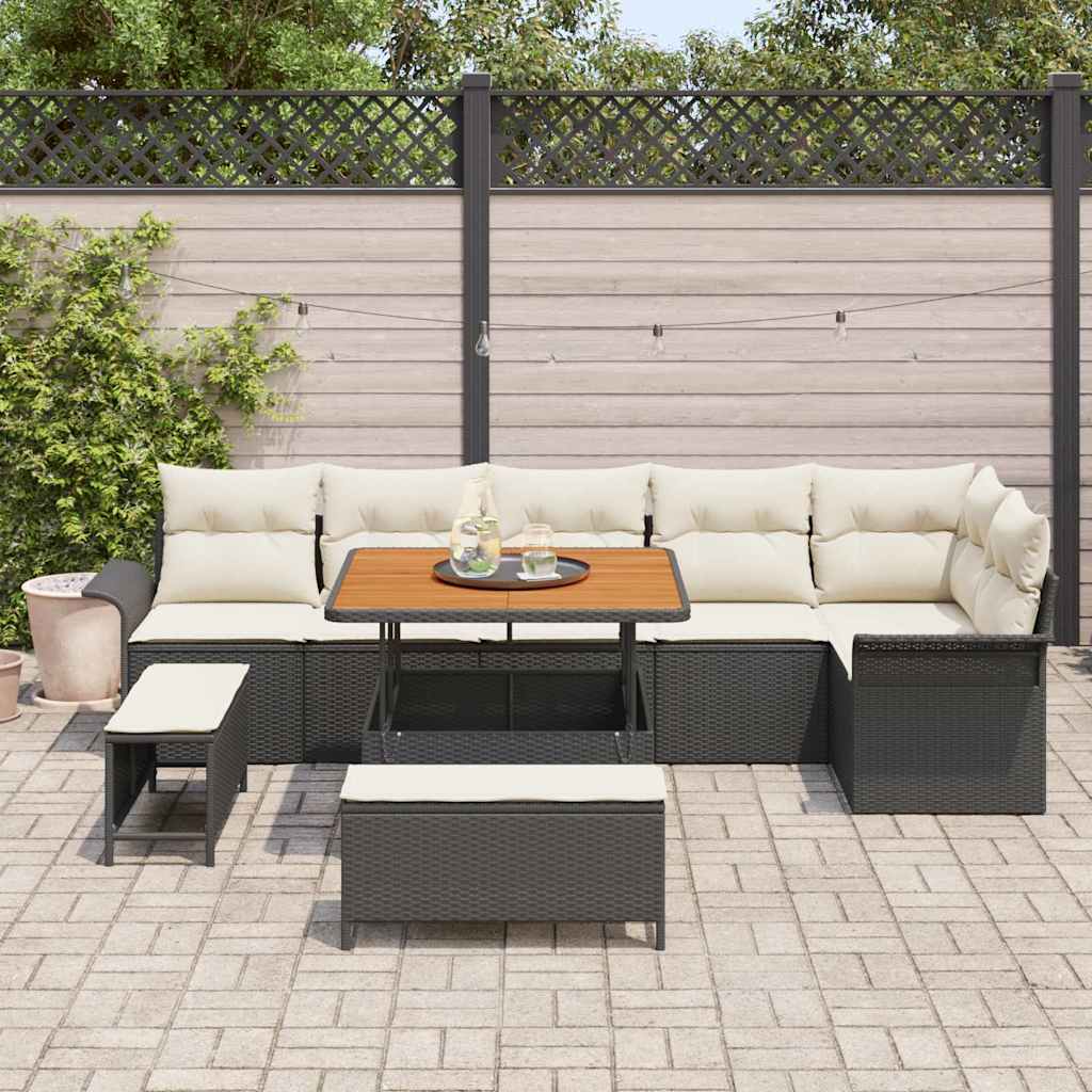 Havesofa Sæt med pude 9 pcs Sort polyrattan