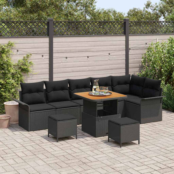 Havesofa Sæt med pude 9 pcs Sort polyrattan