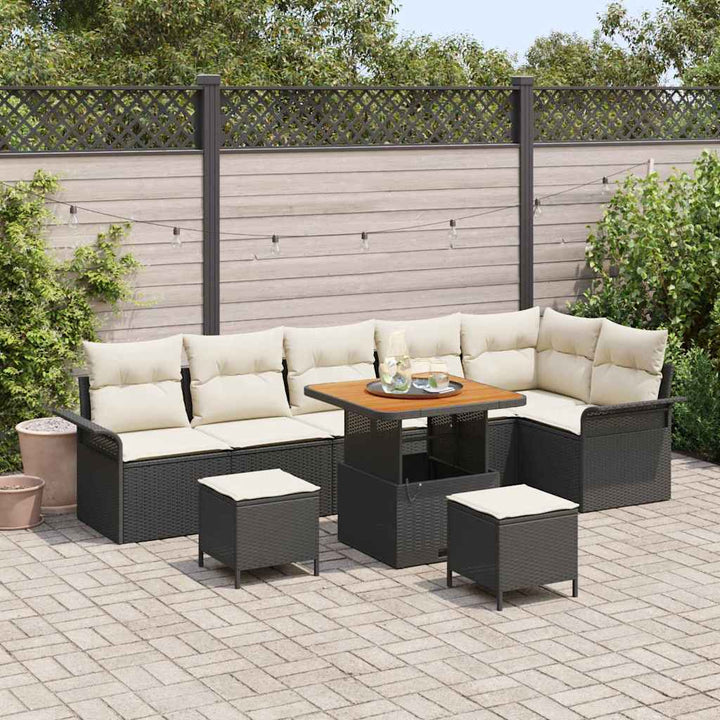 Havesofa Sæt med pude 9 pcs Sort polyrattan