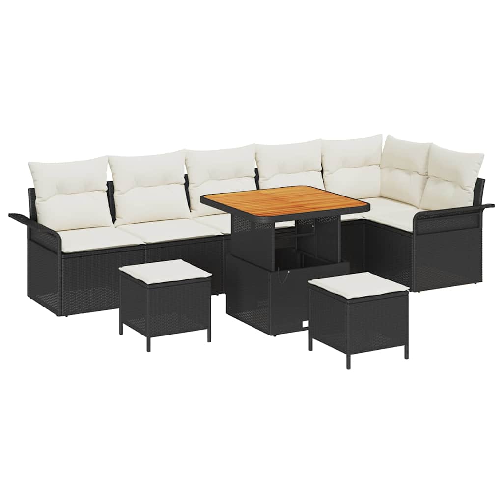 Havesofa Sæt med pude 9 pcs Sort polyrattan