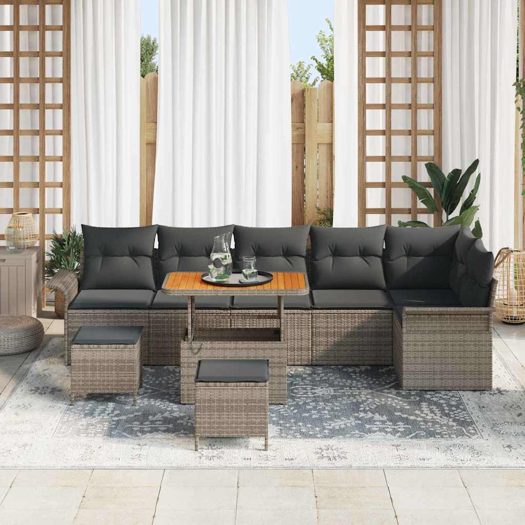 Havesofa Sæt med pude 9 pcs Grå polyrattan