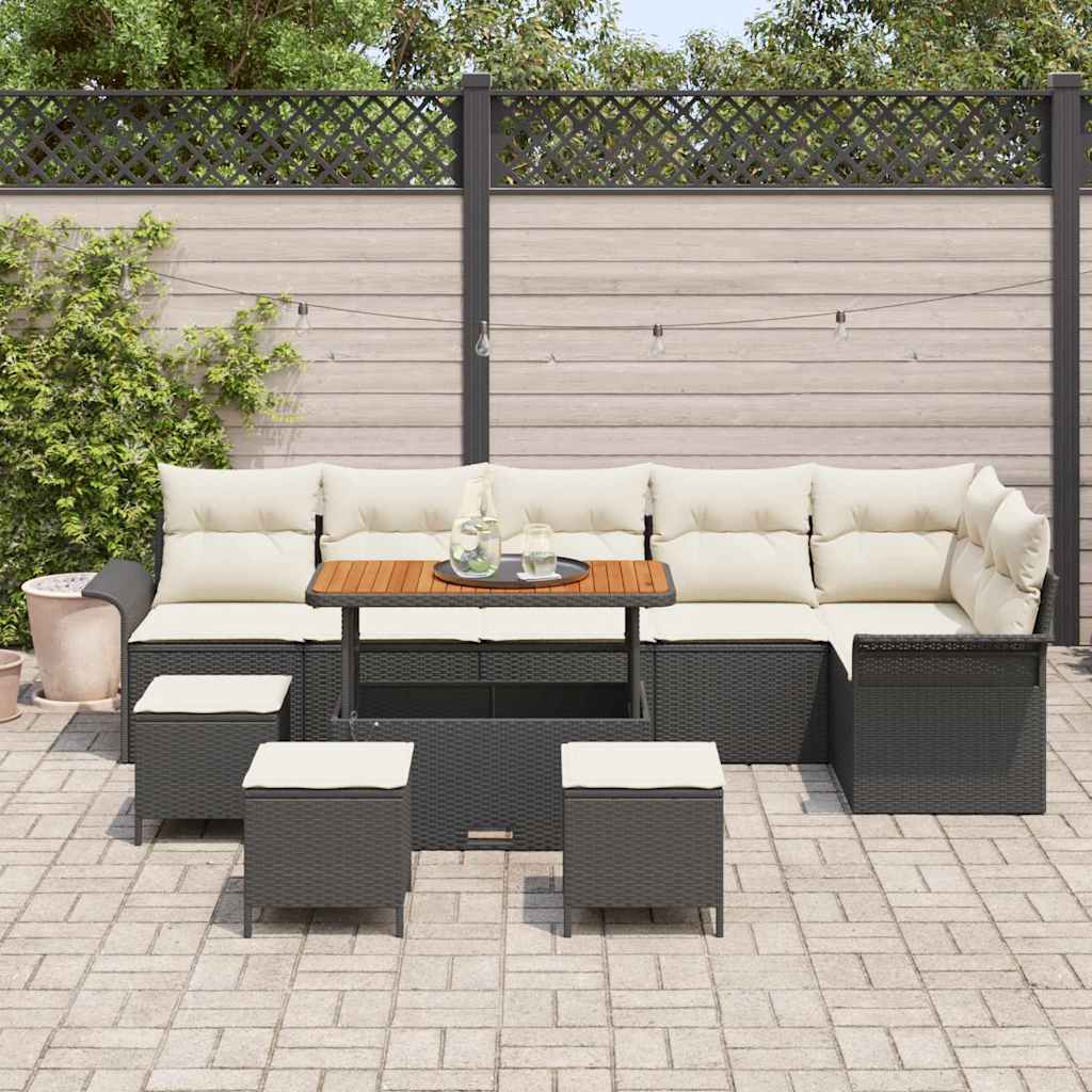 Havesofa Sæt med pude 10 pcs Sort polyrattan