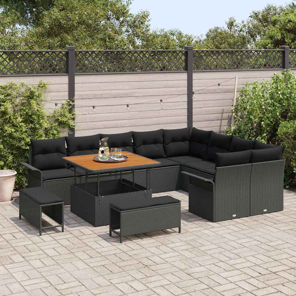 Havesofa Sæt med pude 12 pcs Sort polyrattan