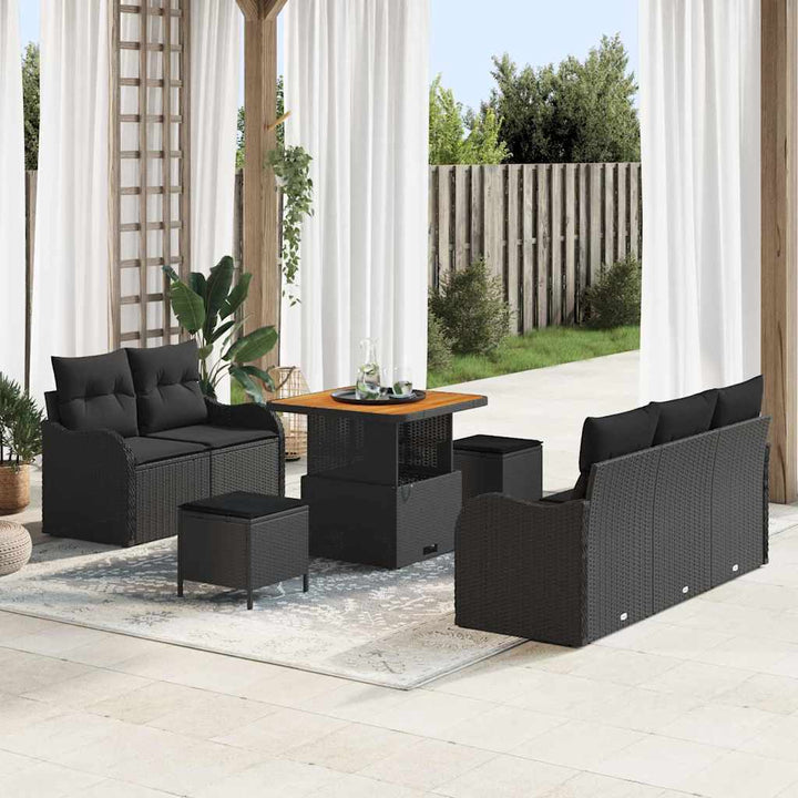 Havesofa Sæt med pude 8 pcs Sort polyrattan