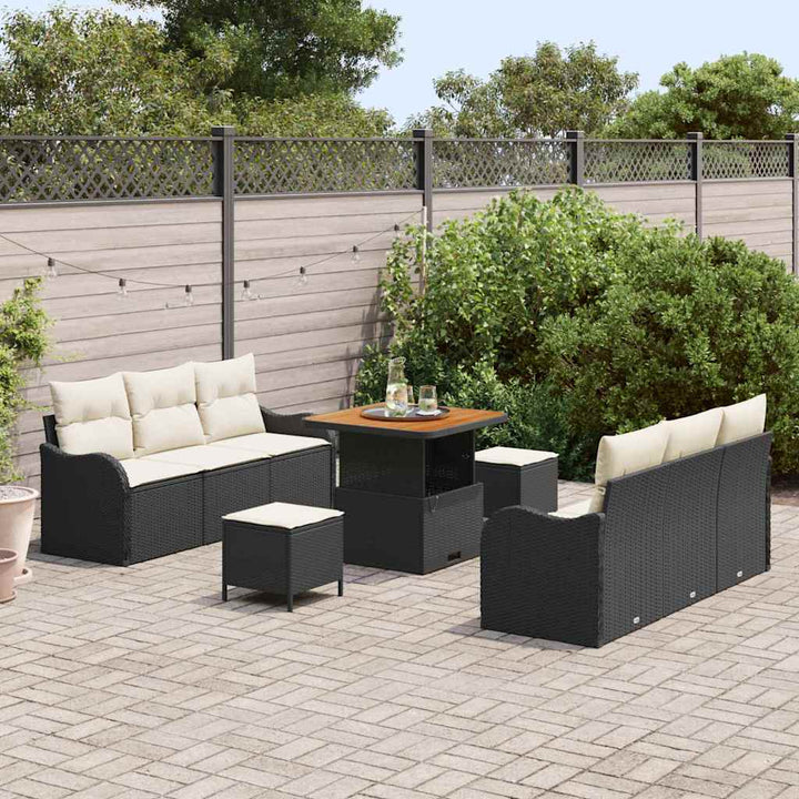 Havesofa Sæt med pude 9 pcs Sort polyrattan