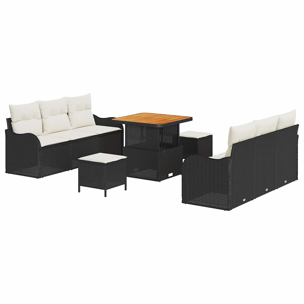 Havesofa Sæt med pude 9 pcs Sort polyrattan