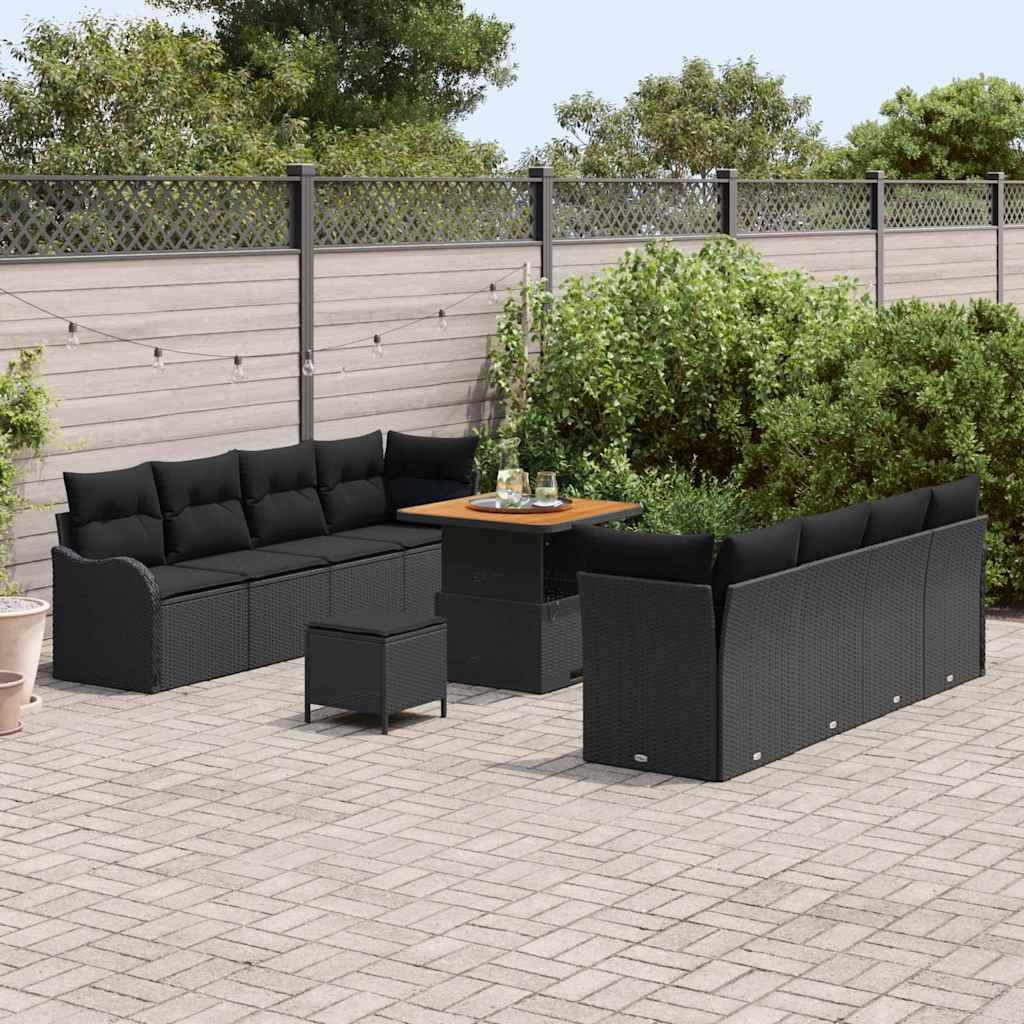Havesofa Sæt med pude 11 pcs Sort polyrattan