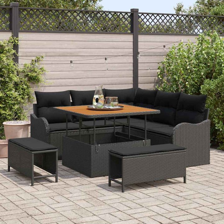 Havesofa Sæt med pude 8 pcs Sort polyrattan