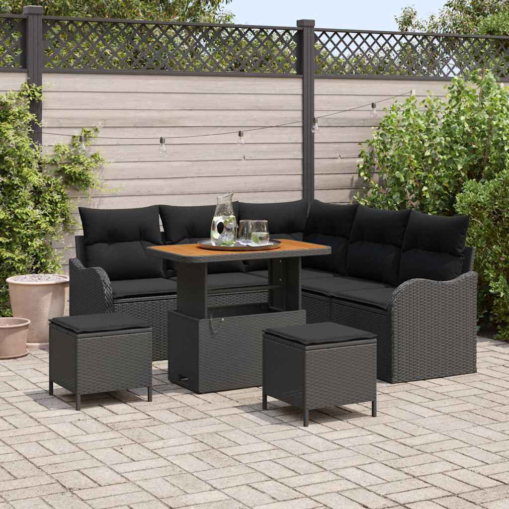 Havesofa Sæt med pude 8 pcs Sort polyrattan