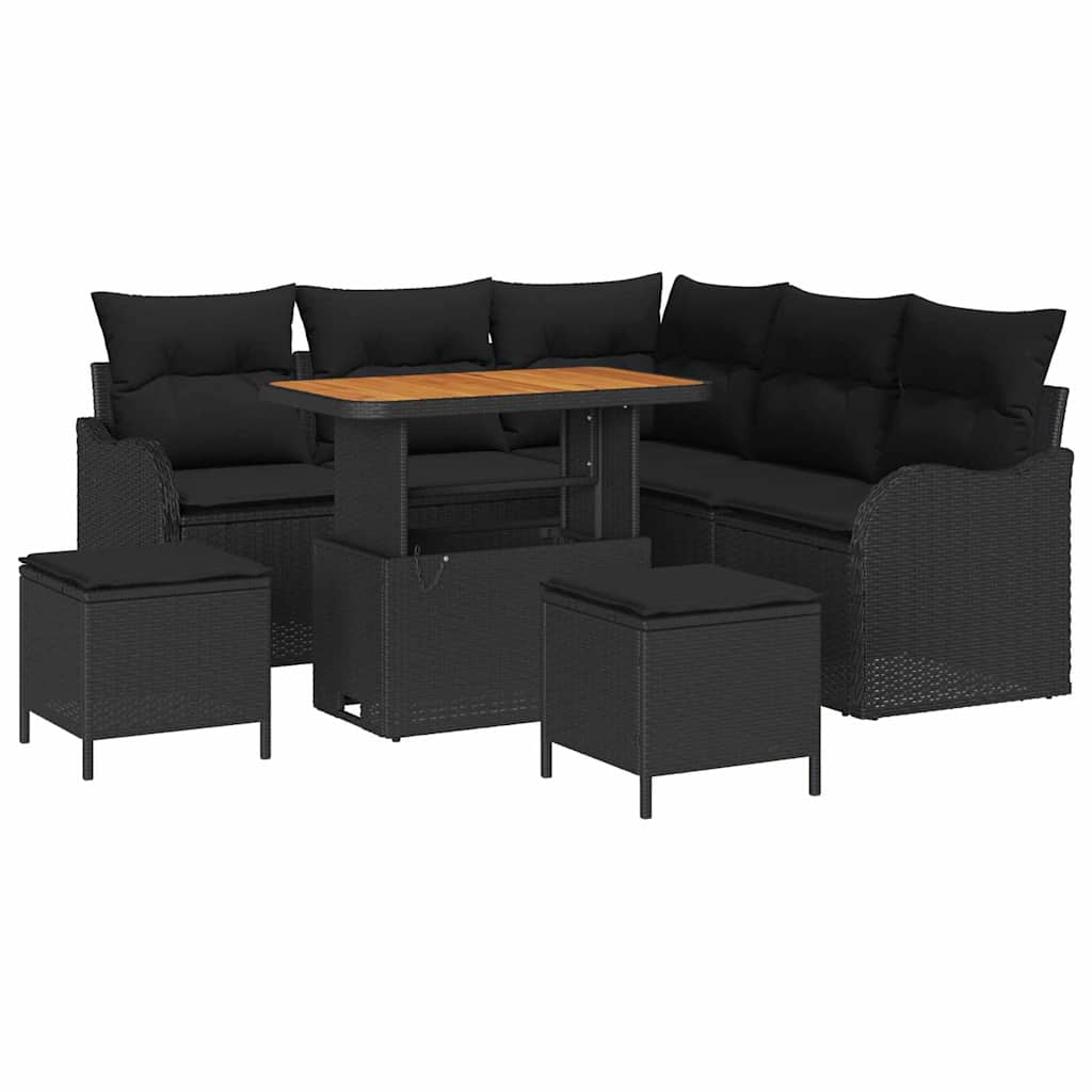 Havesofa Sæt med pude 8 pcs Sort polyrattan
