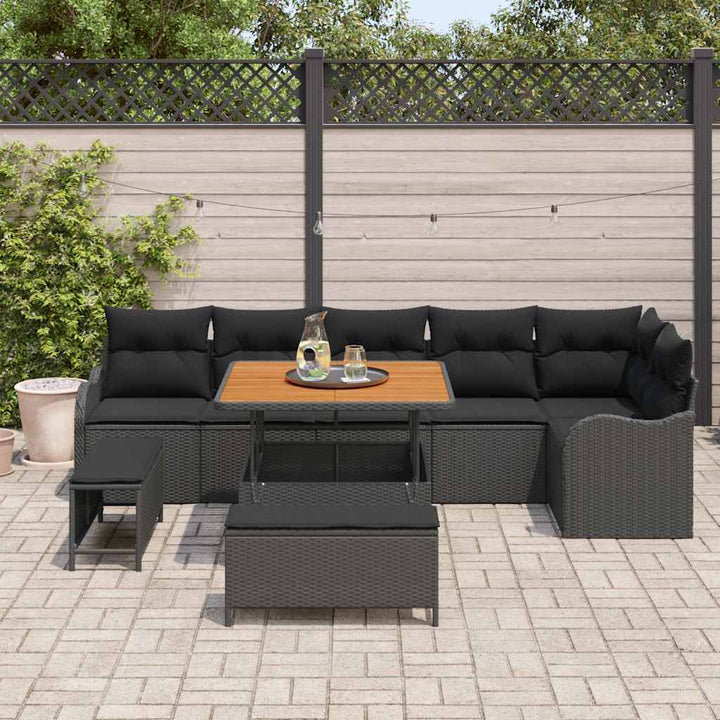 Havesofa Sæt med pude 9 pcs Sort polyrattan