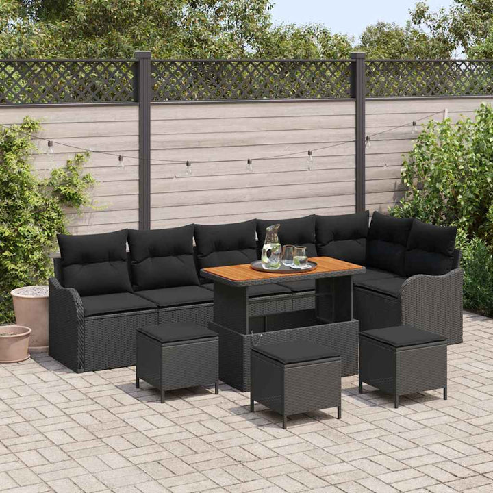 Havesofa Sæt med pude 10 pcs Sort polyrattan