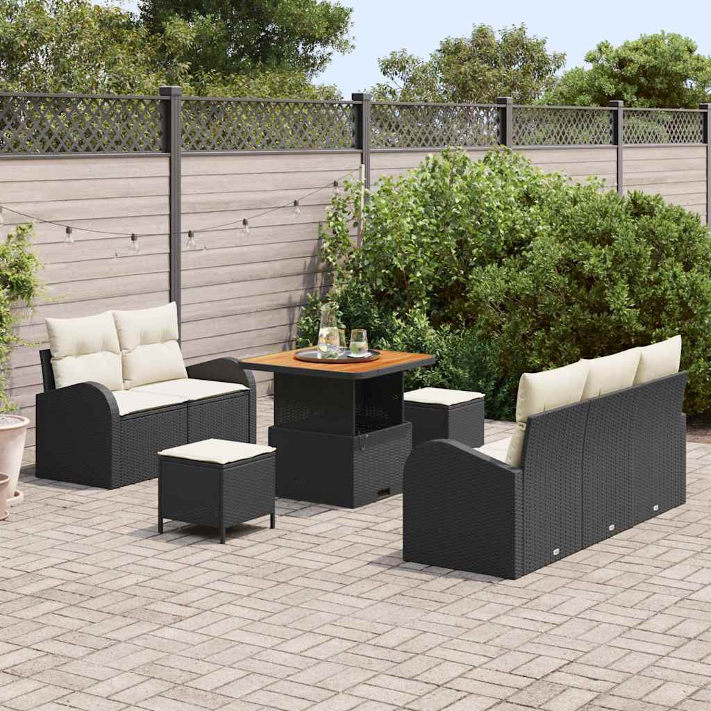 Havesofa Sæt med pude 8 pcs Sort polyrattan
