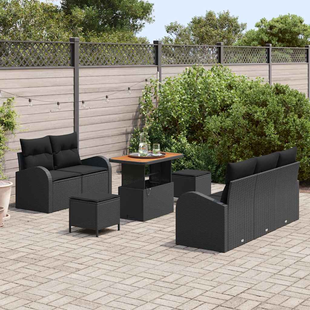Havesofa Sæt med pude 8 pcs Sort polyrattan