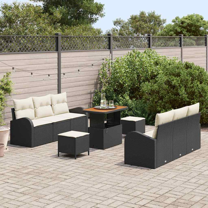 Havesofa Sæt med pude 9 pcs Sort polyrattan