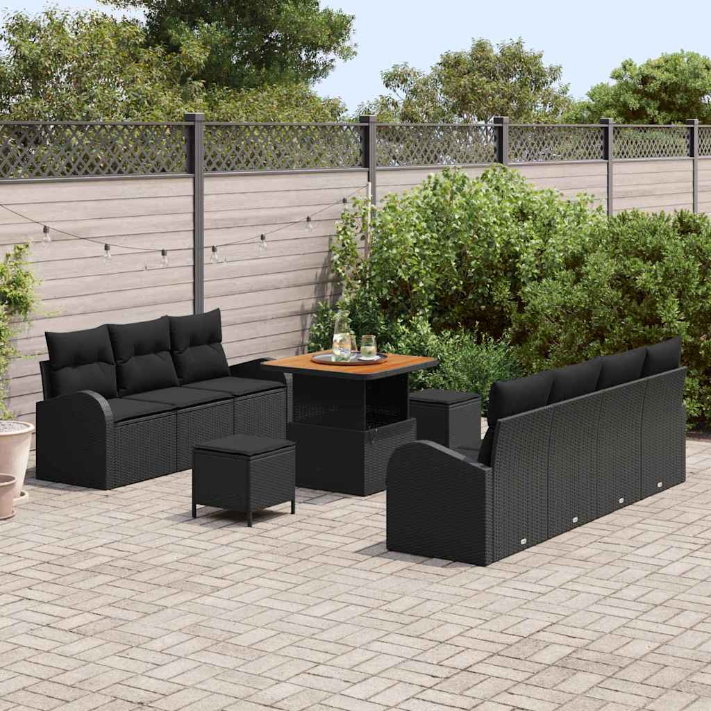 Havesofa Sæt med pude 10 pcs Sort polyrattan