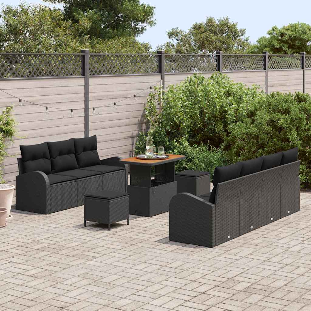 Havesofa Sæt med pude 10 pcs Sort polyrattan