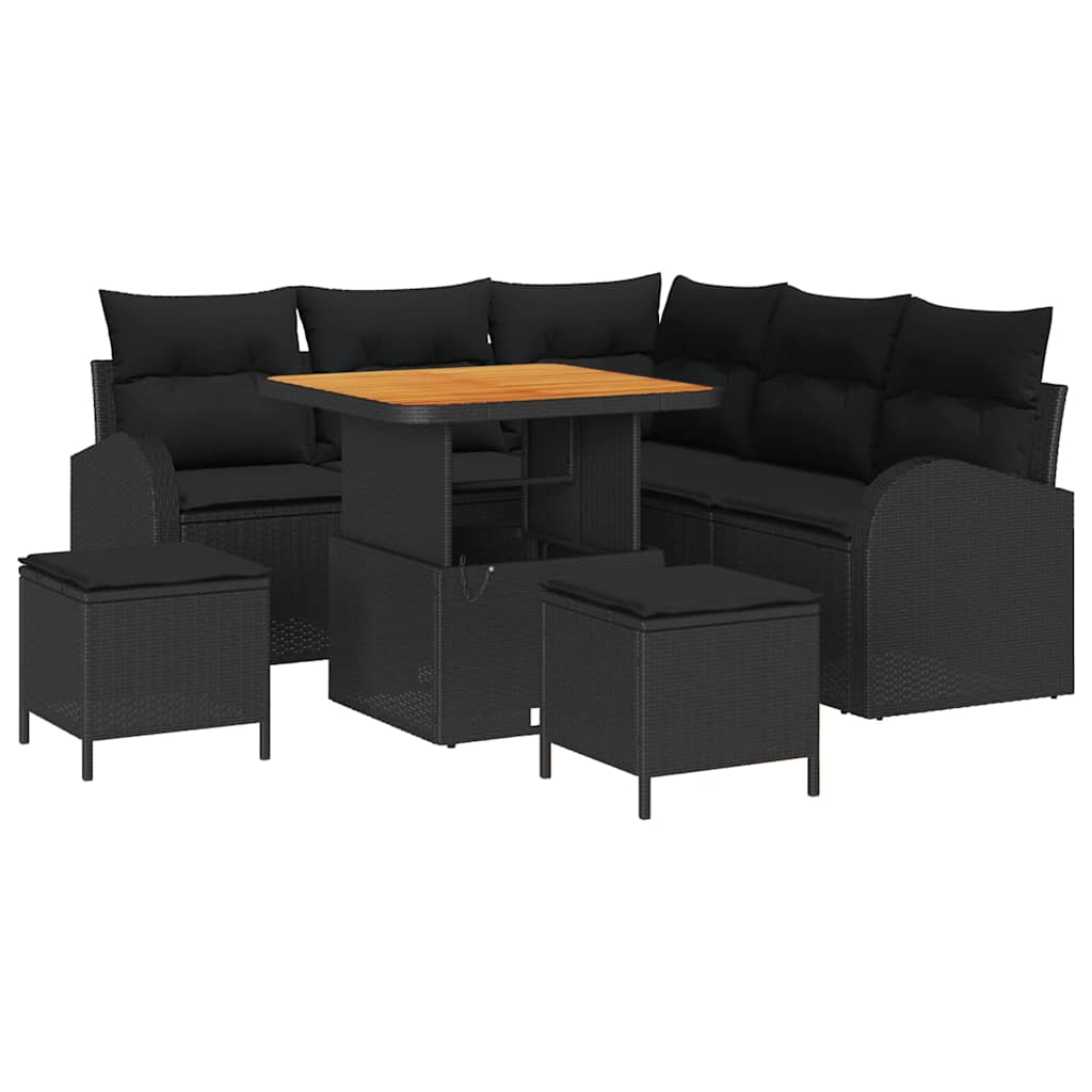 Havesofa Sæt med pude 8 pcs Sort polyrattan