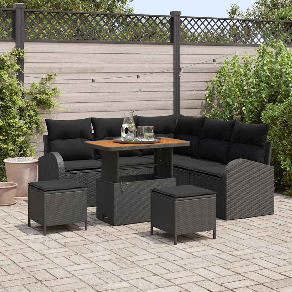 Havesofa Sæt med pude 8 pcs Sort polyrattan