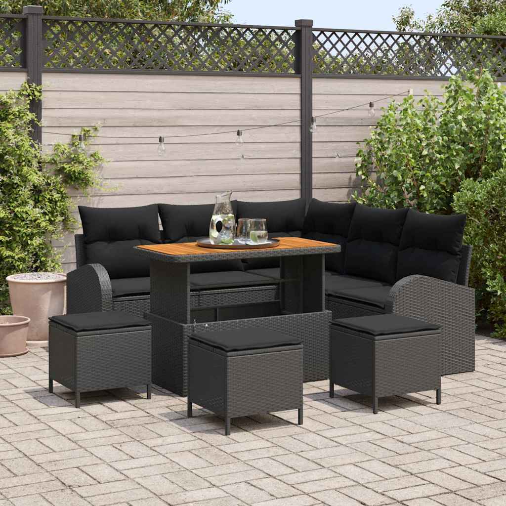 Havesofa Sæt med pude 9 pcs Sort polyrattan