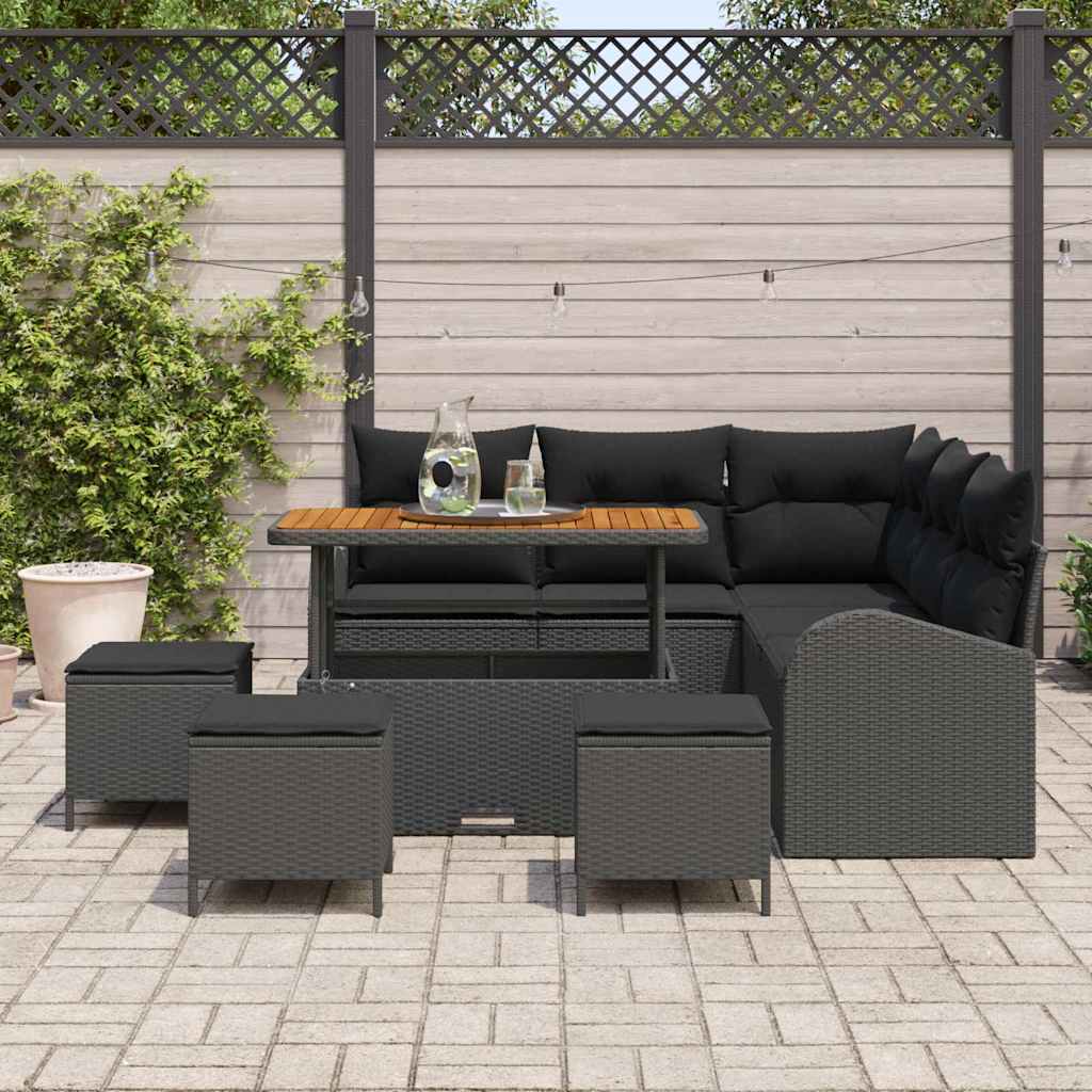 Havesofa Sæt med pude 9 pcs Sort polyrattan