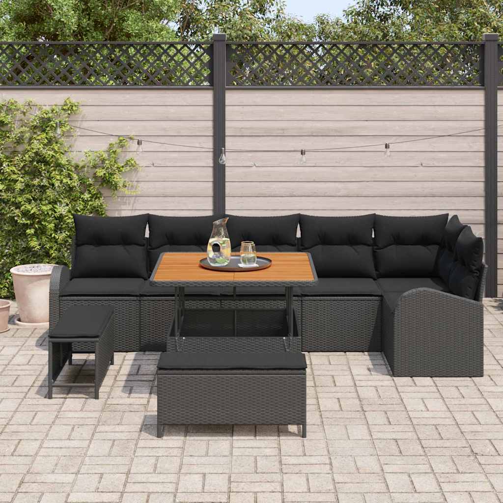 Havesofa Sæt med pude 9 pcs Sort polyrattan