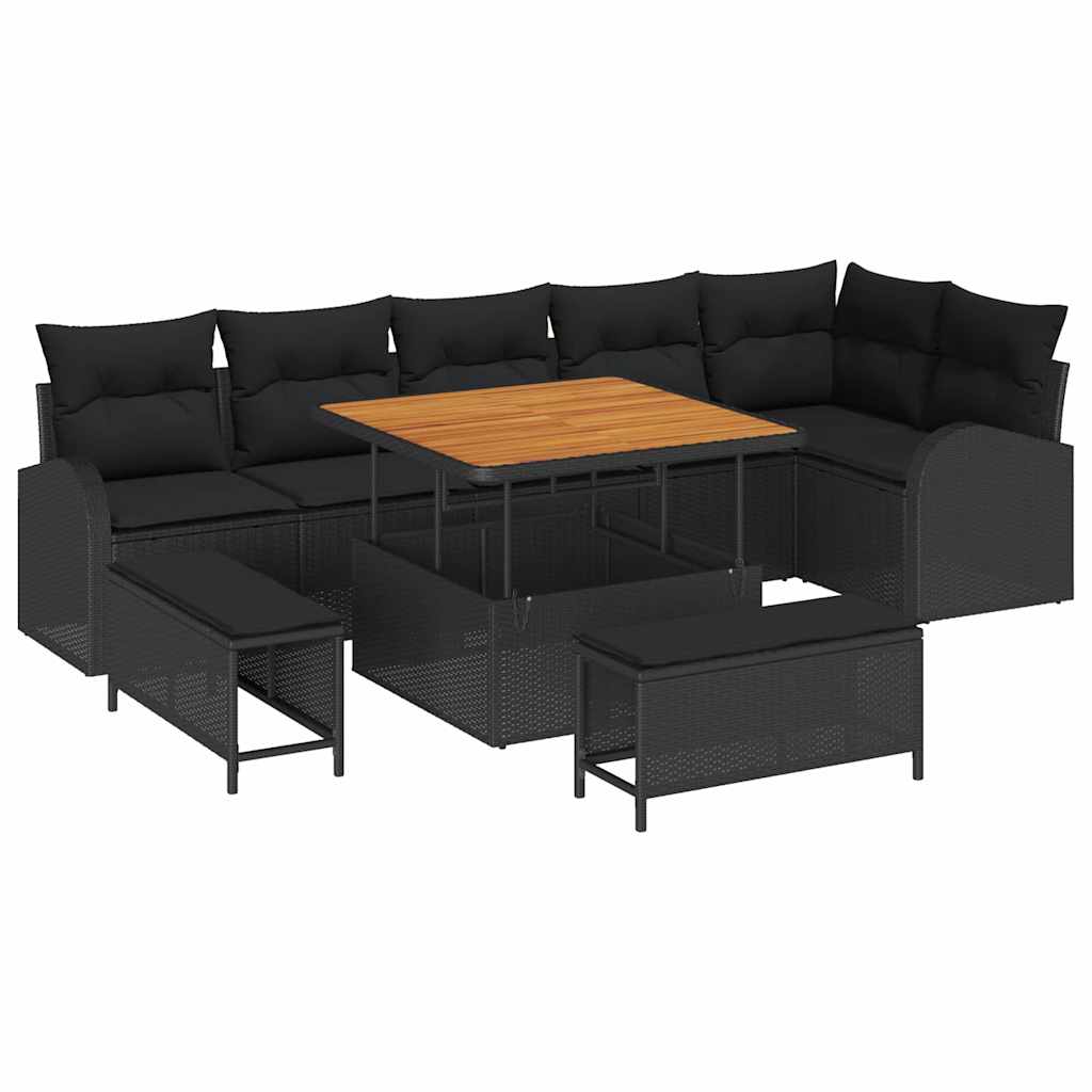 Havesofa Sæt med pude 9 pcs Sort polyrattan
