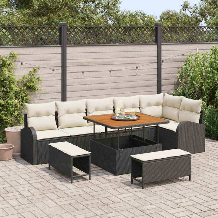 Havesofa Sæt med pude 9 pcs Sort polyrattan
