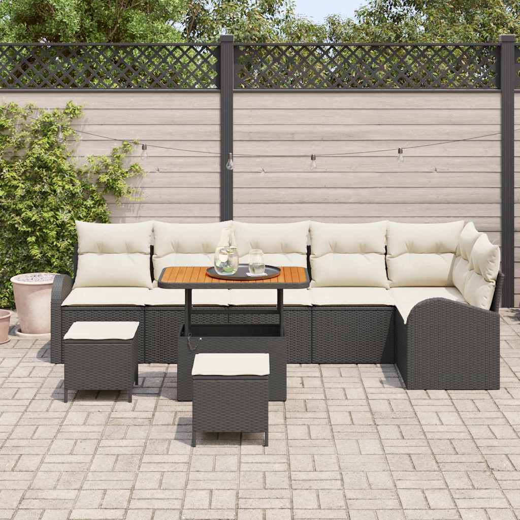 Havesofa Sæt med pude 9 pcs Sort polyrattan