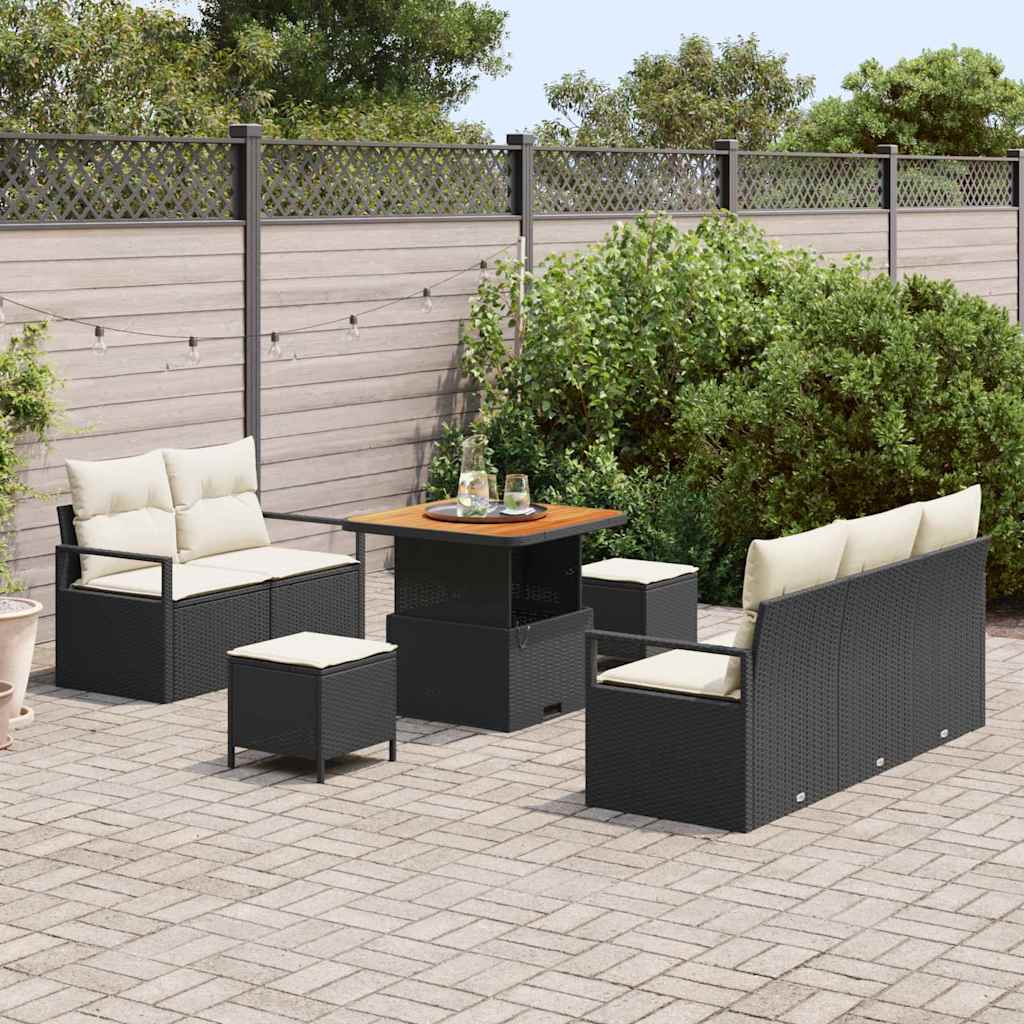 Havesofa Sæt med pude 8 pcs Sort polyrattan